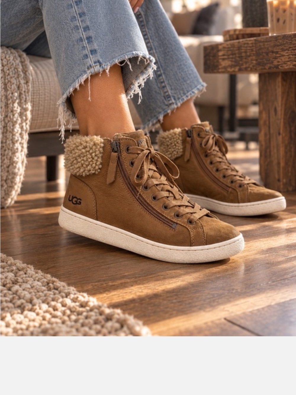 UGG Women's Tan Suede High-Top Sneakers with Shearling Trim